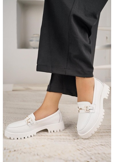 Nesilshoes Nesil Shoes Diva 2854 Beyaz Hakiki Deri Tokalı Kadın Ayakkabı