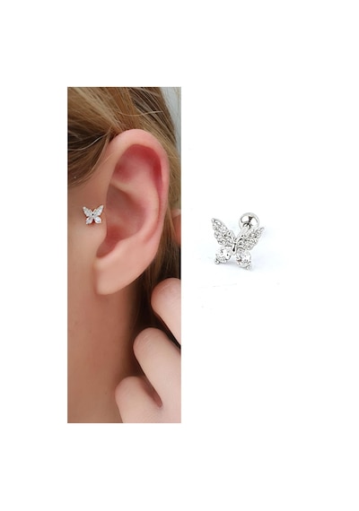 Zirkon Taş Detaylı Kelebek Figürlü 925ayar Gümüş Tragus Helix Kikirdak Piercing Gümüş