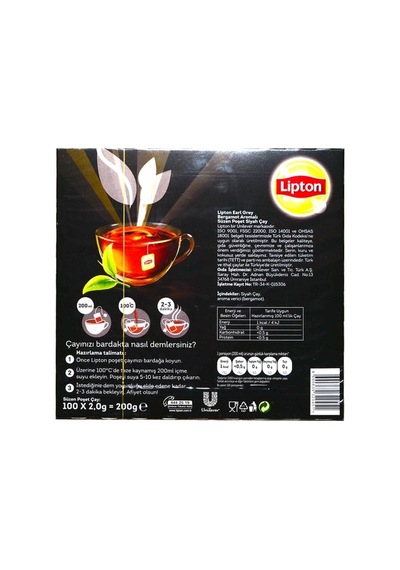 Lipton Earl Grey Bardak Poşet Çay 100'lü 200 Gr 8'li Paket