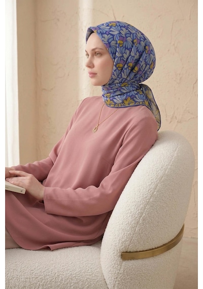Silk Home Soft Eşarp Floral Line Saks Mavi 90x90 Çok Renkli
