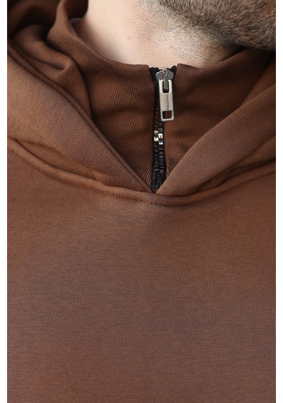 Madmext Kahverengi Kapüşonlu Fermuar Yaka Desenli Erkek Sweatshirt E7162 Kahverengi
