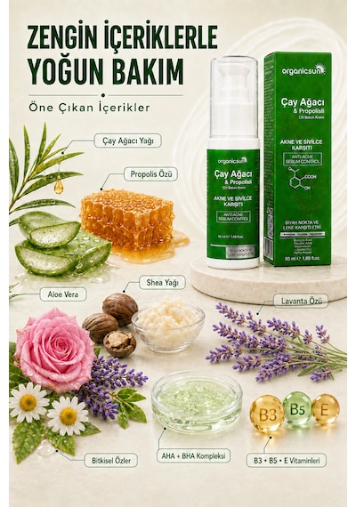 Organicsun Çay Ağacı Ve Propolisli Akne Ve Sivilce Karşıtı Cilt Bakım Kremi Siyah Nokta Ve Leke Görünümü Bakımı 50 Ml