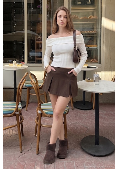 Lela Yüksek Bel Pile Detaylı Mini Şort Etek Kadın Şort Etek 5866915 Kahve