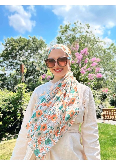 Moda Kaşmir Flora Desen Bambu Eşarp Turuncu-yeşil