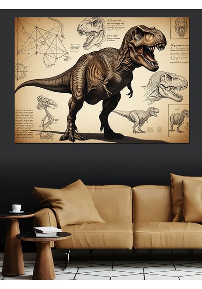 Dinozor T-rex Teknik Çizim Dekoratif Kanvas - Mdf Ahşap Tablo