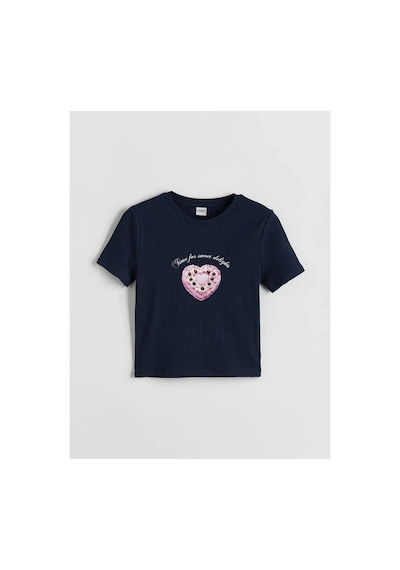 LC Waikiki Lcw Kids Lacivert Bisiklet Yaka Baskılı Kız Çocuk Crop Tişört Navy