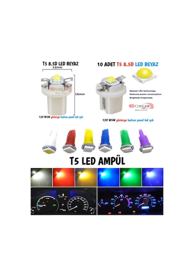10 Adet Gösterge Ambians Led Ampül T5 5050 Mini Dipsiz-T5,8D