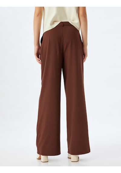 Koton Düz Bol Paça Baggy Kumaş Pantolon Pile Detaylı Cepli Kahverengi 5wak40184pw Kahve