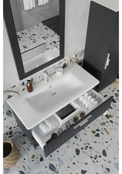 Erguvan Gümüş Kulp Antrasit 100 Cm %100 Mdf Lavabolu Banyo Dolabı Ayna Lavabo Boy Dolabı Antrasit Erguvan Gümüş Kulp Antrasit 100 Cm %100 Mdf Lavabolu Banyo Dolabı Ayna Lavabo Boy Dolabı Antrasit