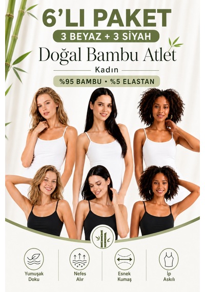 Loule Kadın 6'lı İp Askılı Atlet Bambu 3 Siyah-3 Beyaz Çok Renkli