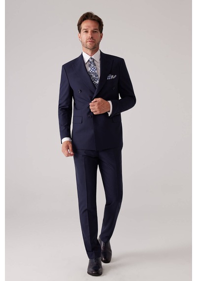 Erkek Lacivert Slim Fit Kruvaze %100 Yün Takım Elbise