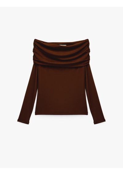 Koton Slim Fit Uzun Kollu Drapeli Omzu Açık Tişört Kahverengi 6wak80032ek Kahve