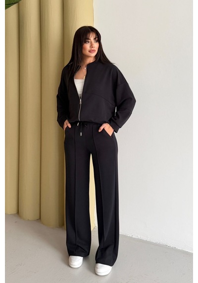 Balenbi Kadın Oversize Fermuarlı Modal Spor Takım Wide Leg Bol Paça 1194 - Form Serisi Siyah Balenbi Kadın Oversize Fermuarlı Modal Spor Takım Wide Leg Bol Paça 1194 - Form Serisi Siyah