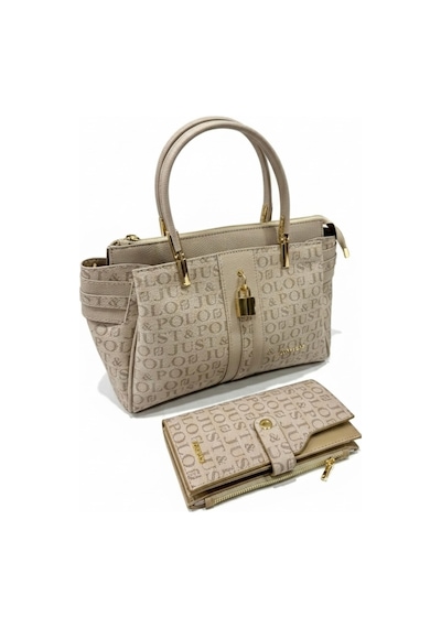 Just Polo Kadın Lüks El & Omuz Çantası Gold Detaylı Özel Tasarım Çanta Ve Uyumlu Cüzdan 22x28 Cm Taş