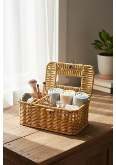 Bölmeli Kapaklı Doğal Rattan Görünümlü Hasır Organizer Sepet, Peçetelik, Makyaj Ve Takı Düzenleyici, Plastik, Diğer