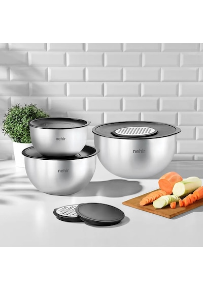 Nehir Silver Çelik 9 Parça Rendeli Karıştırma Kabı Takımı