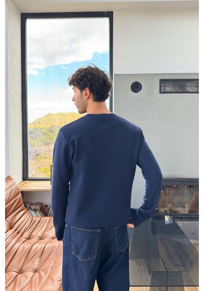 Çıt Çıtlı Oversize Uzun Kol Tişört Lacivert Lacivert