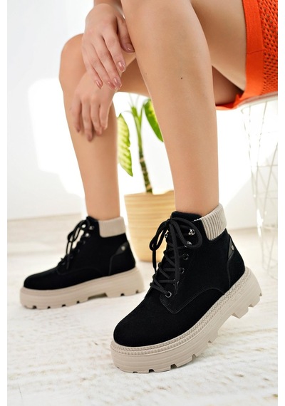 Nesil Shoes Mugo 504 Siyah Süet Bağcıklı Kadın Bot-siyah Süet Siyah
