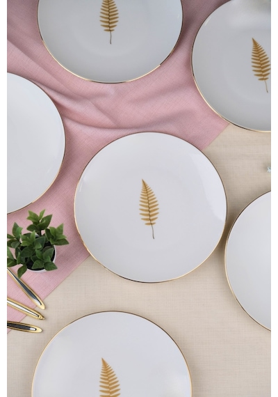 Tabak Evi Porselen Natura Fern Altın Yaldız Pasta Tabağı 20,50cm 6 Lı Çok Renkli