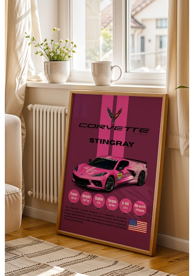 Corvette Stingray Araba Tablosu - Teknik Özellikli Otomobil Poster - Çerçeveli Duvar Dekoru Kayın