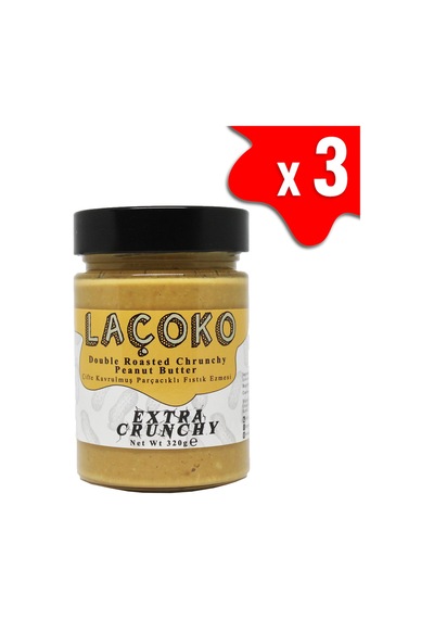 Laçoko Şekersiz Katkısız Glutensiz Vegan Doğal Çifte Kavrulmuş Parçacıklı Yer Fıstığı Ezmesi 3 x 320 G
