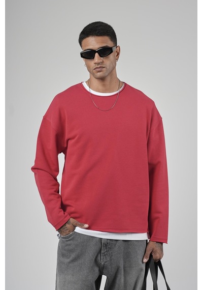 Pis Yaka Oversize Kesim Erkek Düz Sweatshirt Kırmızı