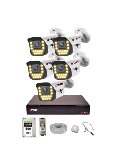 Fury 5 Li Sesli 15 Warm Led Gece Renkli Görüş Su Geçirmez Güvenlik Kamerası Seti 500gb