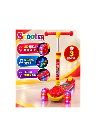 Scooter Led Işıklı 3tekerli Müzikli Katlanabilir Dayanıklı Gövde 3+yaş Kırmızı