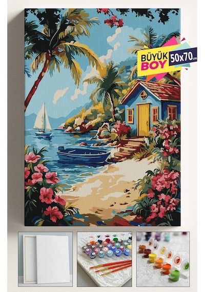 Sayılarla Boyama Seti Numaralı Tuval Fırça Boya Dahil Kasnaklı Set 50x70 Cm - Deniz Kenarı Kulübe