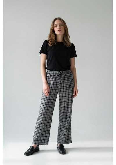 Madmext Gri Lastikli Bel Geniş Paça Ekose Pantolon Mg2658 Gri
