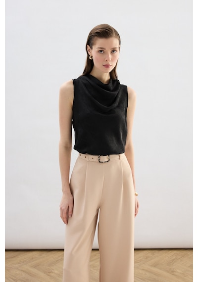 Sateen Degaje Yaka Bluz - Siyah-136752 Siyah