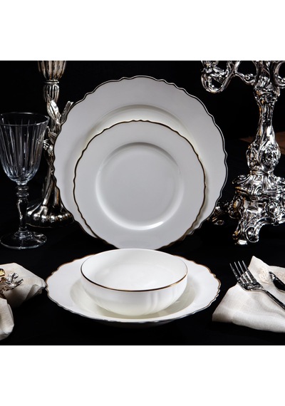 24 Parça 6 Kişilik Porselen Yemek Takımı Elegant Gold-4215 Beyaz