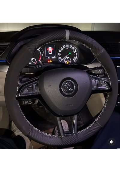 Dikişli Direksiyon Kılıfı Karbon Nubuk Deri Gri Yüzük / Dikişli Skoda Octavia Süperb İçin Renkli