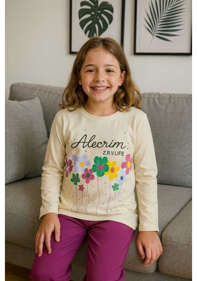 Çocuk Pijama Takımı %100 Pamuk Çiçek Desenli Krem
