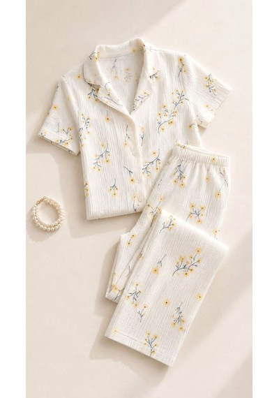 Suısy Petite Fleur Beyaz Çıtır Çiçekli Uzun Pijama Takımı