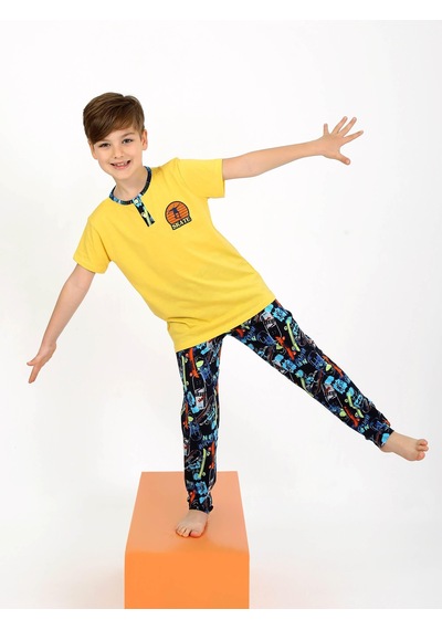 Vitmo Erkek Çocuk Kısa Kollu Düğme Detaylı %100 Pamuklu Pijama Takımı Skate Sarı