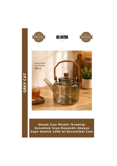 Akşam Çayı Misafir İkramlığı Sunumluk Isıya Dayanıklı Akasya Saplı Demlik 1200 Ml Borosilikat Cam Şeffaf