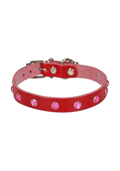 Gerçek Deriden El Yapımı Taşlı Kedi Boyun Tasması, Kırmızı, 1,2x25-29 Cm