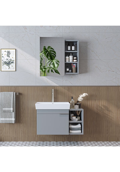 Likya Tek Kapaklı Lavabolu 82 Cm Banyo Alt Dolabı + Üst Dolabı, Lavabolu Mdflam Banyo Dolabı Takımı Kül Gri Likya Tek Kapaklı Lavabolu 82 Cm Banyo Alt Dolabı + Üst Dolabı, Lavabolu Mdflam Banyo Dolabı Takımı Kül Gri
