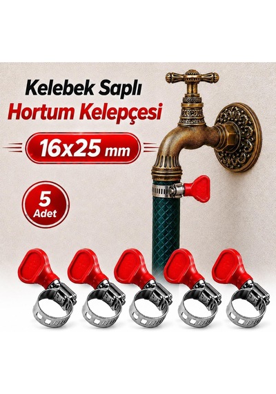Tr 5 Adet 16x25 Mm Kelebek Saplı Hortum Kelepçesi Vidalı Paslanmaz Çelik Ayarlanabilir Boru Klipsi