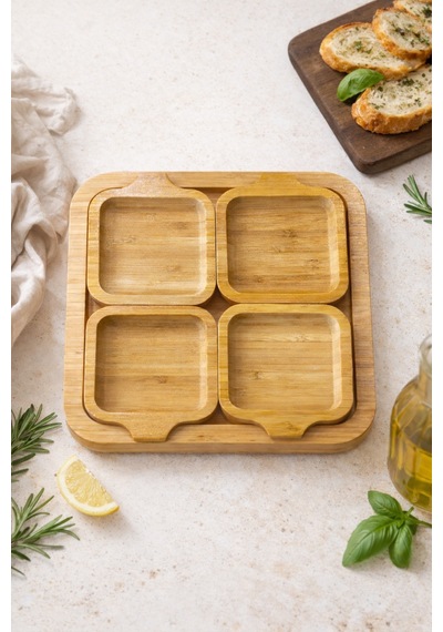 Bambu Sunumluk Seti 5 Parça Kare Servis Tabağı, Çerezlik, Kahvaltılık Ve Atıştırmalık Sunum Tabağı Ahşap
