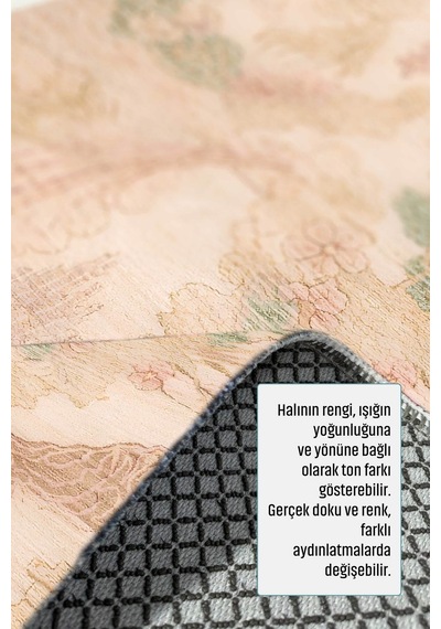 Salon Halısı Bej Pudra Yeşil Japon Bahçesi Desenli Th-3036 Pudra Rengi - Pembe - Yeşil