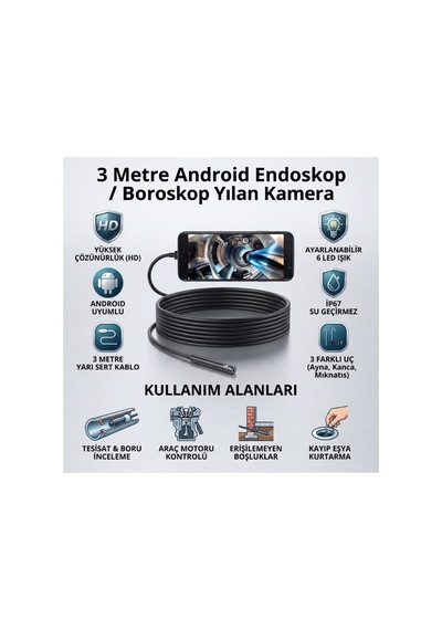 3 Metre Yılan Kamera - Android Destekli - Led Işıklı - Ip67 Su Geçirmez