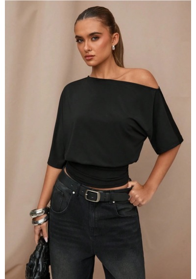 Omuz Dekolteli Likralı Süprem Kumaş Basic Tişört Rahat Kesim Şık Kadın Bluz Siyah