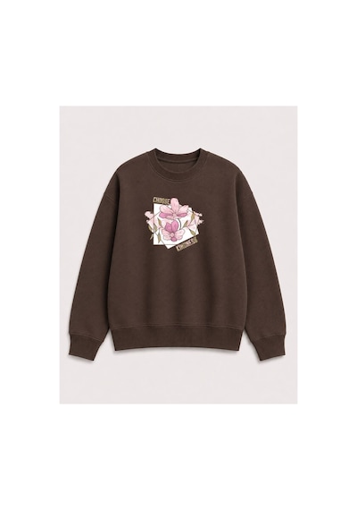 Herkesemoda Choose Çiçek Baskılı 2 İplik Şardonlu Bisiklet Yaka Sweatshirt Kahverengi