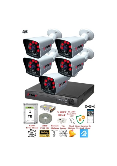 Fury 5 Kameralı 5mp Lensli 1080p 2mp Görüntü 6 Atom Gece Görüşlü Fullhd Güvenlik Kamera 1tb
