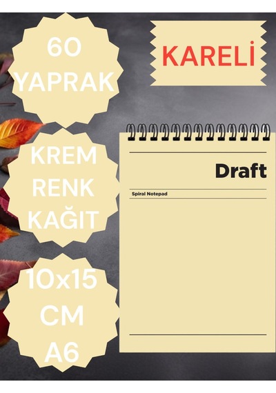 Kareli 10x15 Cm A6 Üstten Açılır Not Defteri Krem Renk Kağıt 60 Yaprak Çok Renkli