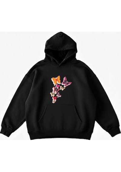 Maki Home Makiteks Siyah Pamuklu Unisex Cepli Kapüşonlu Rahat Kesim Kelebekler Baskılı Sweatshirt SiYAH
