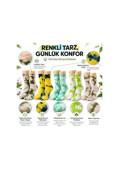 Womanandkids Wak Unisex Batik Desenli Çorap 10'lu Set Pamuklu Renkli Uzun Soket Dikişsiz Nefes Alan Günlük Spor Çorabı Çok  Renkli