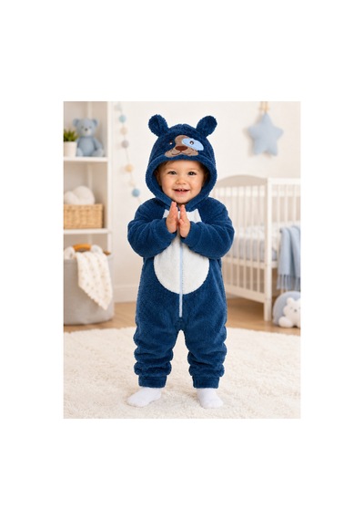 Kız Erkek Bebek Welsoft Peluş Tulum Kapüşonlu Fermuarlı Kışlık Bebek Tulumu Köpek Figürlü Yumuşak Polar Tulum Lacivert